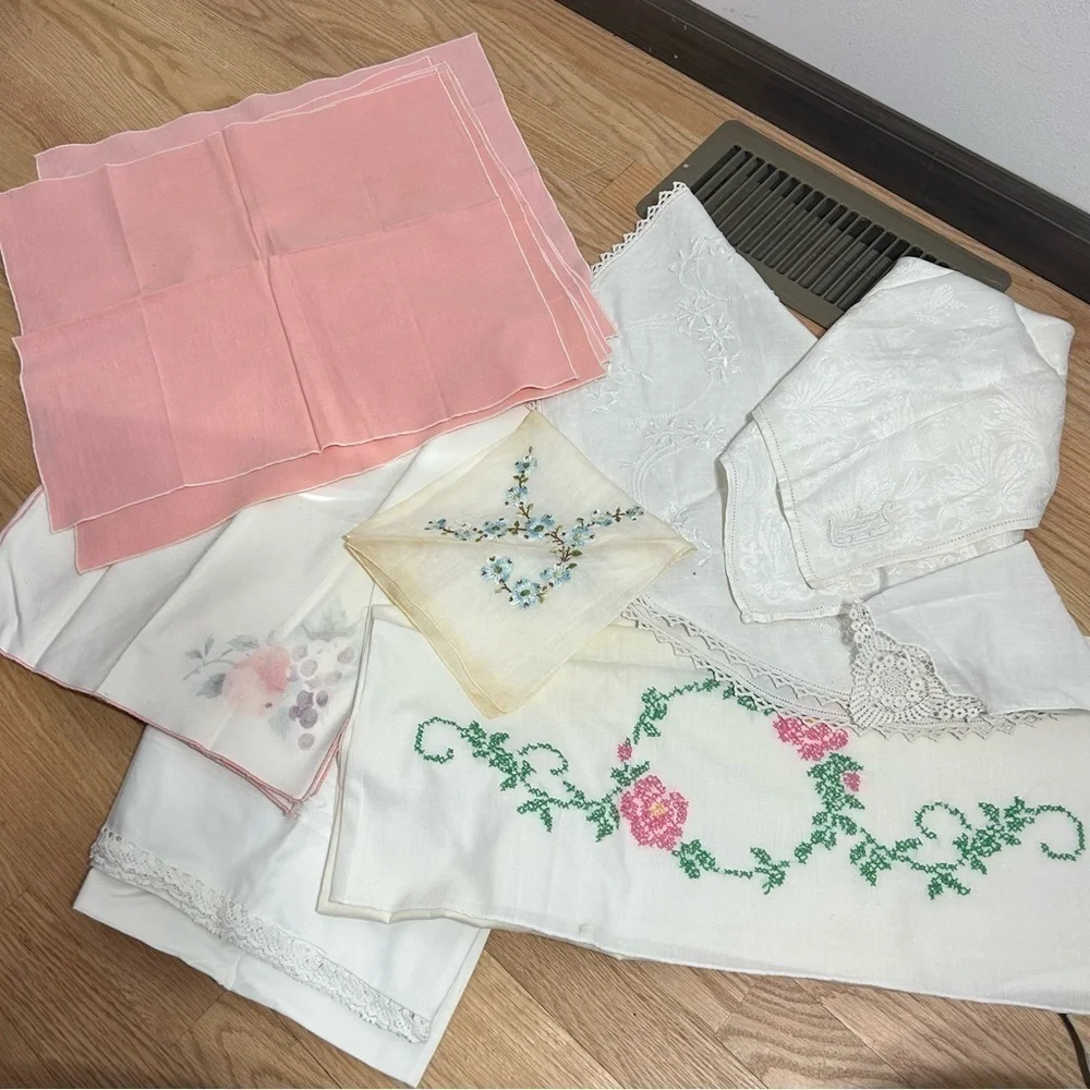 Vintage Embroidered Pillow Case Lace Doily Napkins Handkerchief Mixed Lot Bundle